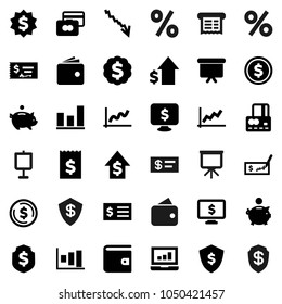 Flat vector icon set - presentation vector, dollar coin, graph, laptop, credit card, wallet, crisis, piggy bank, growth, check, receipt, board, medal, shield, monitor, percent