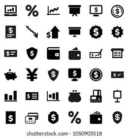Flat vector icon set - presentation vector, dollar coin, graph, laptop, credit card, wallet, crisis, piggy bank, growth, check, receipt, board, medal, shield, monitor, yen sign, percent