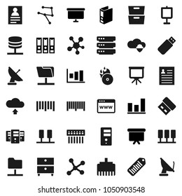 Flat vector icon set - presentation vector, archive, personal information, graph, binder, board, barcode, music hit, social media, network, server, folder, cloud shield, big data, browser, hub, usb
