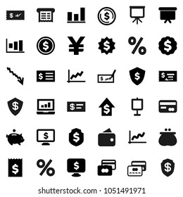 Flat vector icon set - presentation vector, dollar coin, graph, laptop, credit card, crisis, piggy bank, growth, check, receipt, board, medal, shield, monitor, yen sign, wallet, percent