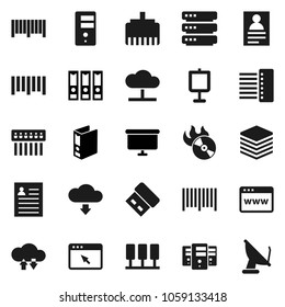 Flat vector icon set - presentation vector, personal information, binder, board, barcode, music hit, server, cloud network, exchange, big data, browser, hub, lan connector, download, usb