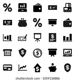 Flat vector icon set - presentation vector, dollar coin, graph, laptop, credit card, wallet, piggy bank, growth, check, board, percent, receipt, shield