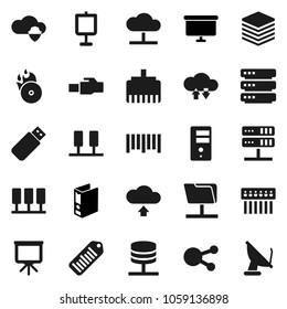 Flat vector icon set - presentation vector, binder, board, barcode, music hit, social media, server, network folder, cloud, shield, exchange, big data, hub, lan connector, upload, usb