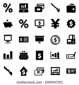Flat vector icon set - presentation vector, dollar coin, graph, laptop, credit card, wallet, crisis, piggy bank, growth, check, receipt, board, medal, monitor, yen sign, percent