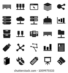 Flat vector icon set - presentation vector, archive, personal information, graph, binder, barcode, music hit, social media, network, server, folder, cloud, big data, browser, lan connector, usb