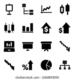 Flat vector icon set - presentation vector, graph, pie, japanese candle, laptop, crisis, percent growth, dollar, board, hierarchy