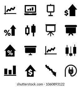 Flat vector icon set - presentation vector, graph, japanese candle, laptop, crisis, percent growth, dollar, board, power plug