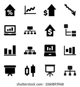 Flat vector icon set - presentation vector, graph, japanese candle, laptop, crisis, percent growth, dollar, board, hierarchy