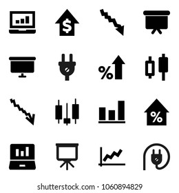 Flat vector icon set - presentation vector, graph, japanese candle, laptop, crisis, percent growth, dollar, board, power plug