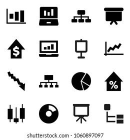 Flat vector icon set - presentation vector, graph, pie, japanese candle, laptop, crisis, percent growth, dollar, board, hierarchy