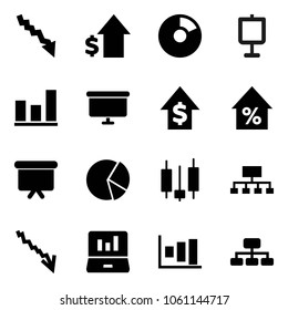 Flat vector icon set - presentation vector, graph, pie, japanese candle, laptop, crisis, percent growth, dollar, board, hierarchy