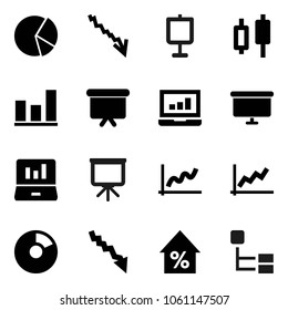 Flat vector icon set - presentation vector, graph, pie, japanese candle, laptop, crisis, percent growth, board, hierarchy