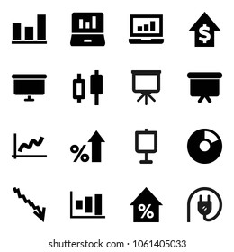 Flat vector icon set - presentation vector, graph, pie, japanese candle, laptop, crisis, percent growth, dollar, board, power plug