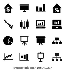 Flat vector icon set - presentation vector, graph, pie, japanese candle, laptop, crisis, percent growth, dollar, board, hierarchy