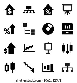 Flat vector icon set - presentation vector, graph, pie, japanese candle, laptop, crisis, percent growth, dollar, hierarchy