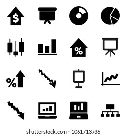 Flat vector icon set - presentation vector, graph, pie, japanese candle, laptop, crisis, percent growth, dollar, board, hierarchy