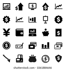 Flat vector icon set - presentation vector, dollar coin, graph, laptop, credit card, wallet, crisis, piggy bank, growth, check, receipt, medal, monitor, yen sign, shield