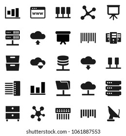 Flat vector icon set - presentation vector, archive, graph, board, barcode, social media, network, server, folder, cloud, shield, big data, browser, hub, upload, download, satellite antenna