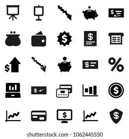 Flat vector icon set - presentation vector, dollar coin, graph, laptop, crisis, piggy bank, growth, check, medal, monitor, credit card, wallet, percent, receipt, shield
