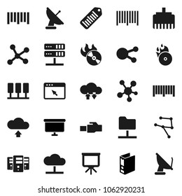 Flat vector icon set - presentation vector, binder, board, barcode, music hit, social media, network, server, folder, cloud, exchange, browser, lan connector, upload, satellite antenna