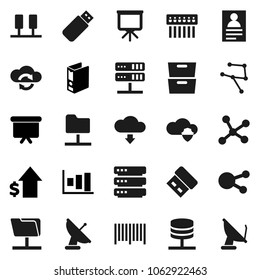 Flat vector icon set - presentation vector, archive, personal information, graph, dollar growth, binder, board, social media, network, server, folder, cloud shield, exchange, big data, hub, download