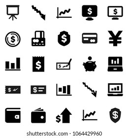 Flat vector icon set - presentation vector, dollar coin, graph, laptop, credit card, wallet, crisis, piggy bank, growth, check, receipt, shield, monitor, yen sign