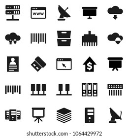 Flat vector icon set - presentation vector, archive, personal information, dollar growth, binder, board, barcode, server, network, cloud shield, exchange, big data, browser, hub, lan connector, usb