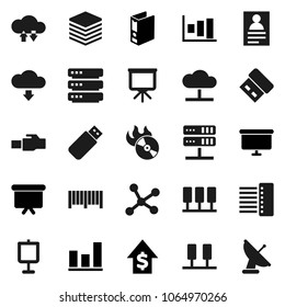 Flat vector icon set - presentation vector, personal information, graph, dollar growth, binder, board, music hit, network, server, cloud, exchange, big data, hub, lan connector, download, barcode