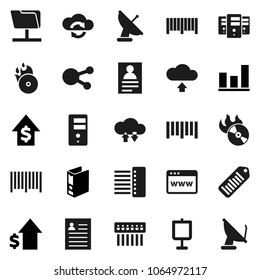 Flat vector icon set - presentation vector, personal information, graph, dollar growth, binder, barcode, music hit, social media, network folder, cloud exchange, server, browser, hub, upload
