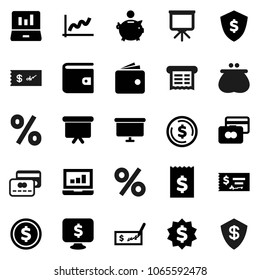 Flat vector icon set - presentation vector, dollar coin, graph, laptop, credit card, wallet, piggy bank, check, receipt, board, medal, shield, monitor, percent