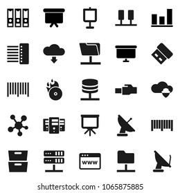 Flat vector icon set - presentation vector, archive, graph, binder, board, music hit, social media, server, network folder, cloud shield, browser, hub, lan connector, download, barcode, usb