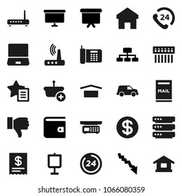Flat vector icon set - presentation vector, wallet, crisis, board, hierarchy, phone 24, car, dry cargo, notebook pc, finger down, big data, hub, router, home, favorites, mailbox, dollar coin, hour