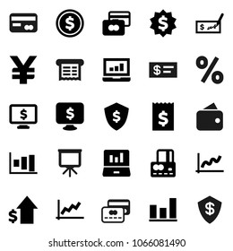 Flat vector icon set - presentation vector, dollar coin, graph, laptop, credit card, growth, check, receipt, medal, shield, monitor, yen sign, wallet, percent