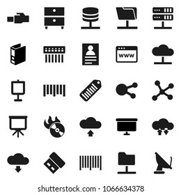 Flat vector icon set - presentation vector, archive, personal information, binder, board, barcode, music hit, social media, network, folder, server, cloud, exchange, browser, hub, lan connector, usb