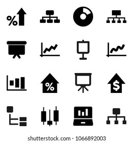 Flat vector icon set - presentation vector, graph, pie, japanese candle, laptop, percent growth, dollar, board, hierarchy