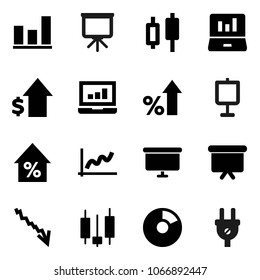 Flat vector icon set - presentation vector, graph, pie, japanese candle, laptop, crisis, percent growth, dollar, board, power plug