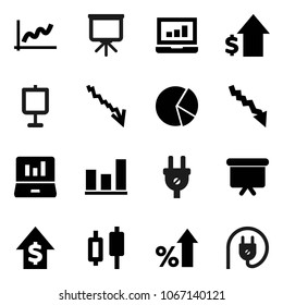 Flat vector icon set - presentation vector, graph, pie, japanese candle, laptop, crisis, percent growth, dollar, board, power plug