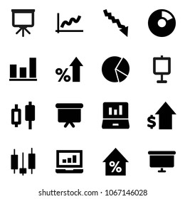 Flat vector icon set - presentation vector, graph, pie, japanese candle, laptop, crisis, percent growth, dollar, board