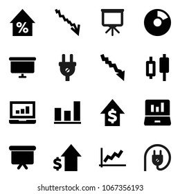 Flat vector icon set - presentation vector, graph, pie, japanese candle, laptop, crisis, percent growth, dollar, board, power plug