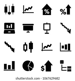 Flat vector icon set - presentation vector, graph, pie, japanese candle, laptop, crisis, percent growth, dollar, board, hierarchy