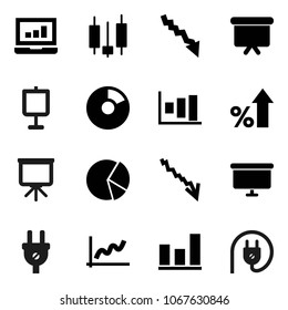 Flat vector icon set - presentation vector, graph, pie, japanese candle, laptop, crisis, percent growth, board, power plug