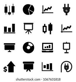 Flat vector icon set - presentation vector, graph, pie, japanese candle, laptop, dollar growth, board, power plug