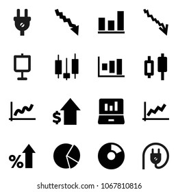 Flat vector icon set - presentation vector, graph, pie, japanese candle, laptop, crisis, percent growth, dollar, power plug