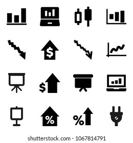 Flat vector icon set - presentation vector, graph, japanese candle, laptop, crisis, percent growth, dollar, board, power plug