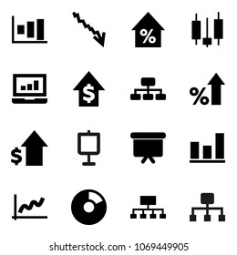 Flat vector icon set - presentation vector, graph, pie, japanese candle, laptop, crisis, percent growth, dollar, board, hierarchy