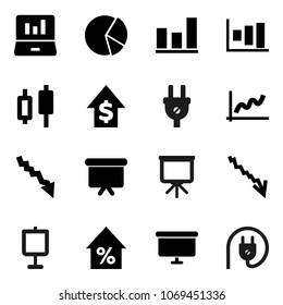 Flat vector icon set - presentation vector, graph, pie, japanese candle, laptop, crisis, percent growth, dollar, board, power plug