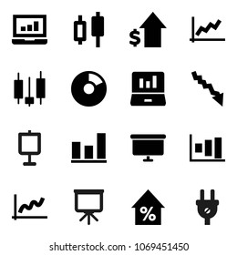 Flat vector icon set - presentation vector, graph, pie, japanese candle, laptop, crisis, percent growth, dollar, board, power plug