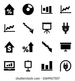 Flat vector icon set - presentation vector, graph, pie, laptop, crisis, percent growth, dollar, board, power plug