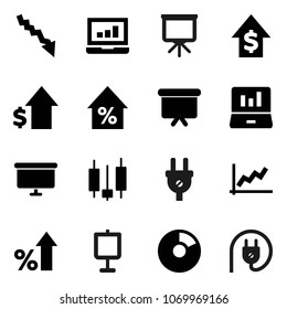 Flat vector icon set - presentation vector, graph, pie, japanese candle, laptop, crisis, percent growth, dollar, board, power plug