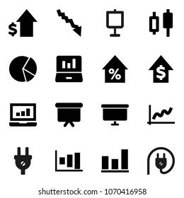 Flat vector icon set - presentation vector, graph, pie, japanese candle, laptop, crisis, percent growth, dollar, board, power plug